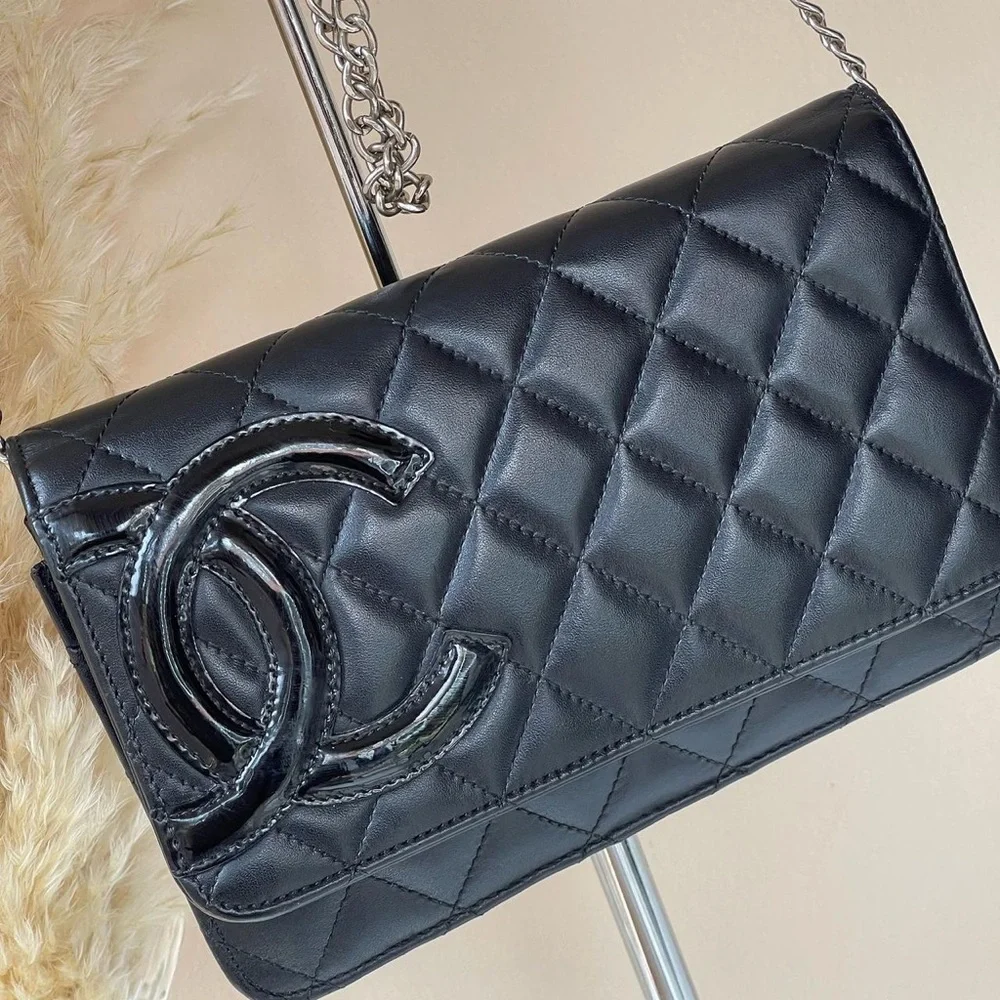 CHANEL CC CAMBON LAMBSKIN QUILTED FLAP WALLET ON A CHAIN